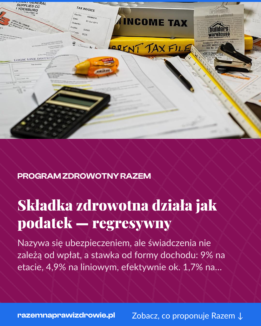 Grafika pionowa do udostępnienia: Składka zdrowotna działa jak podatek — regresywny