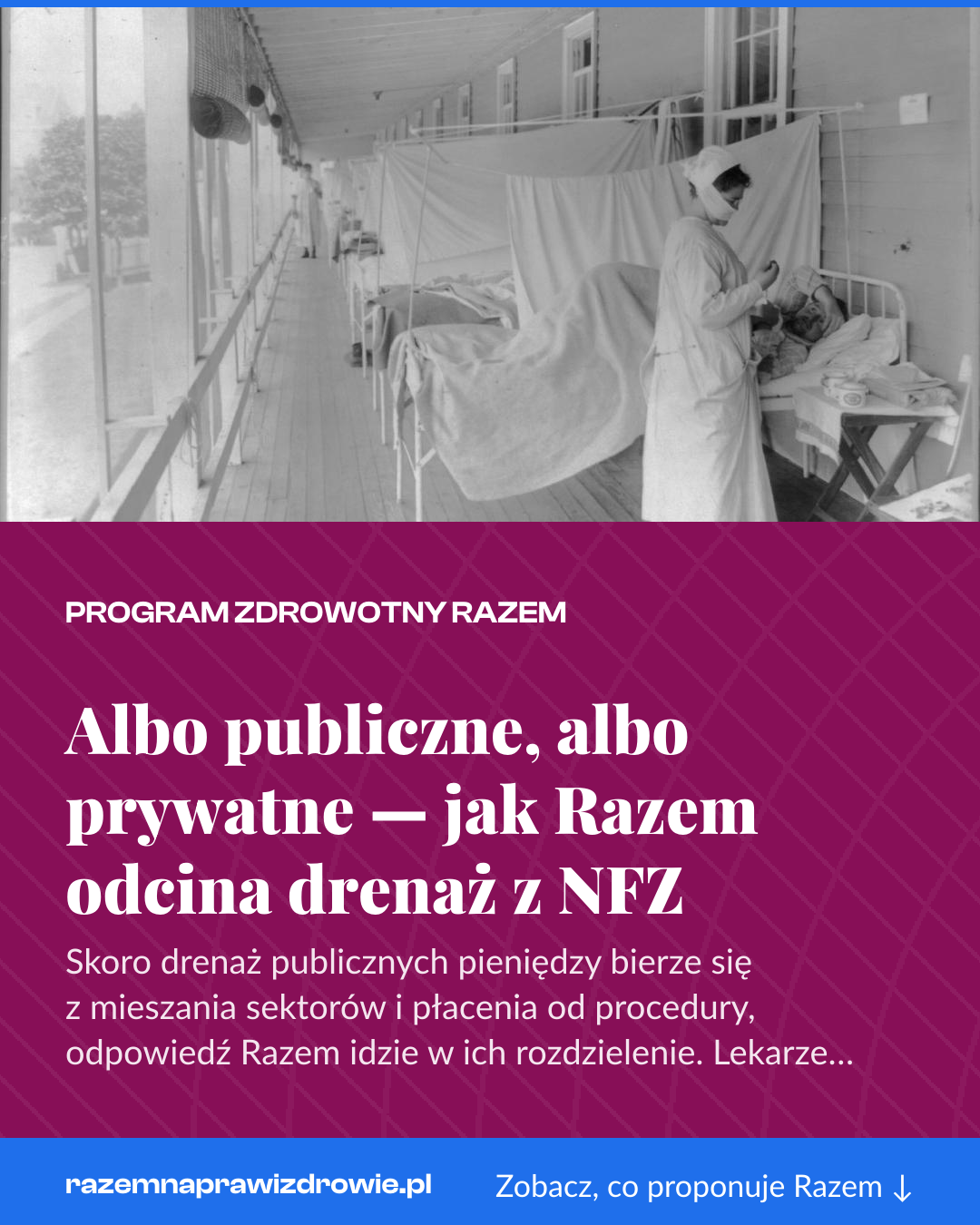 Grafika pionowa do udostępnienia: Albo publiczne, albo prywatne — jak Razem odcina drenaż z NFZ