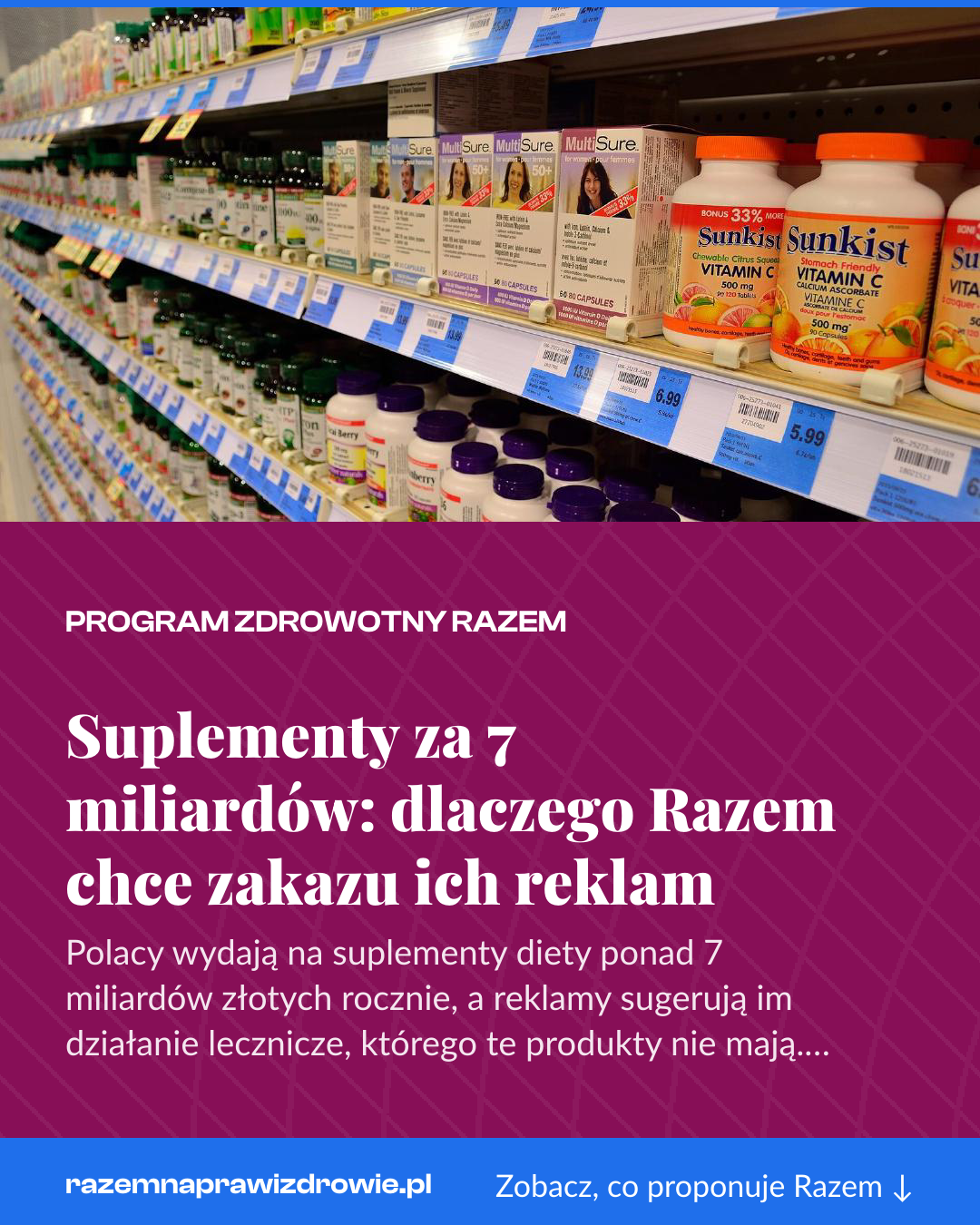 Grafika pionowa do udostępnienia: Suplementy za 7 miliardów: dlaczego Razem chce zakazu ich reklam